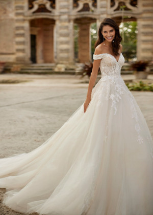 Off Shoulder Beaded Ivory Lace Tulle Sparkling Wedding Dress